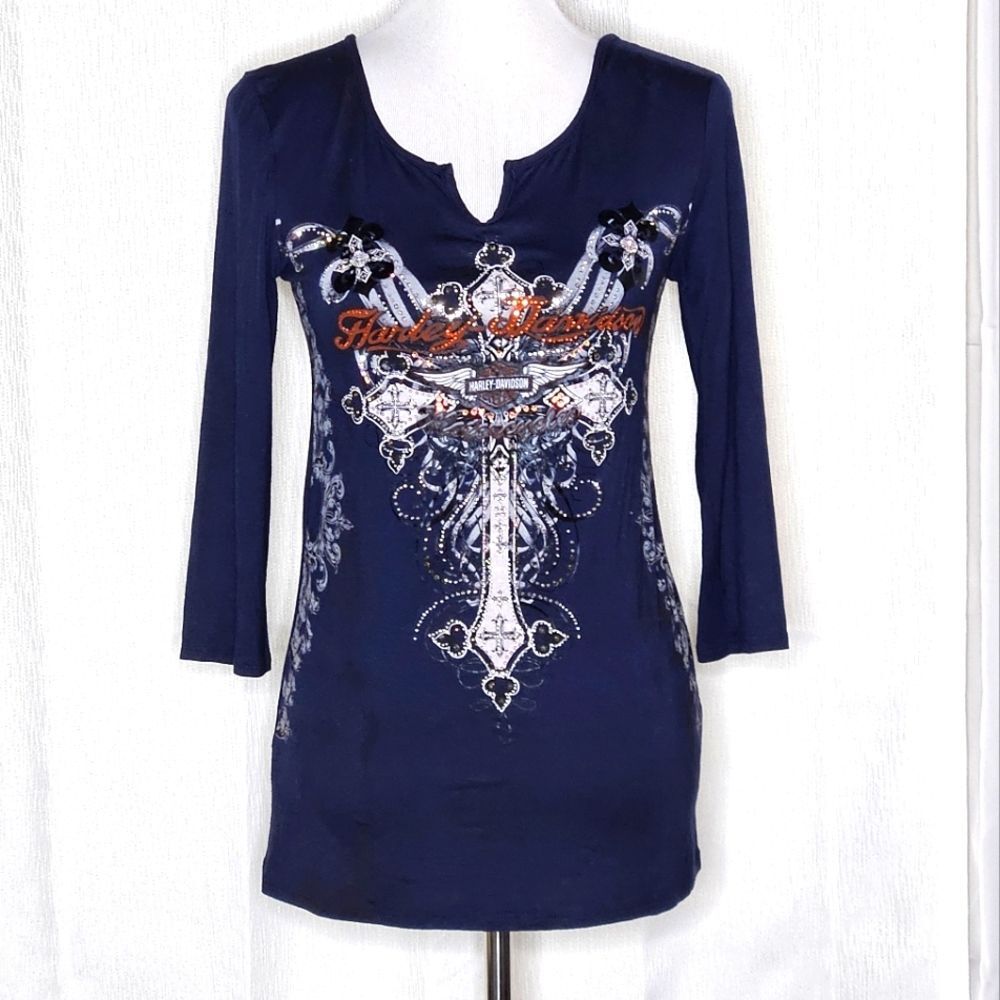 Harley-Davidson Blue Bedazzled Bling Embellished Cross Distressed Stretch Blouse